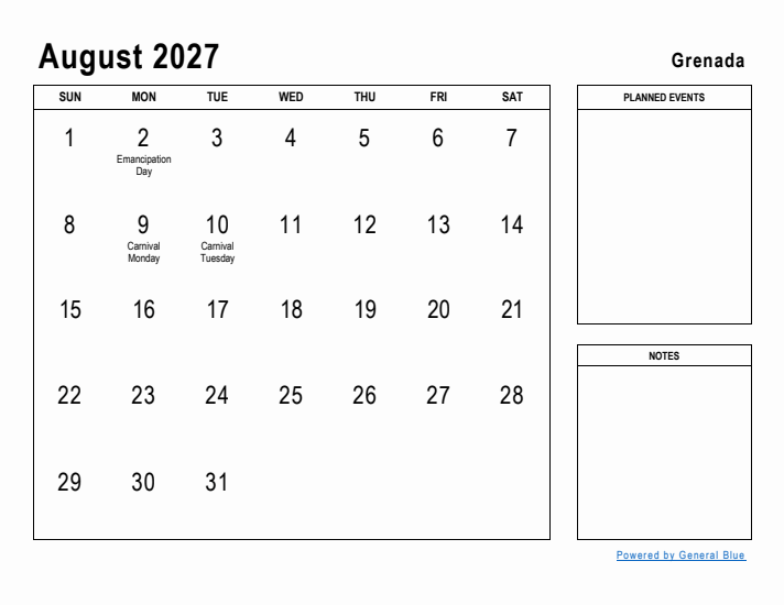 August 2027 Printable Monthly Calendar with Grenada Holidays