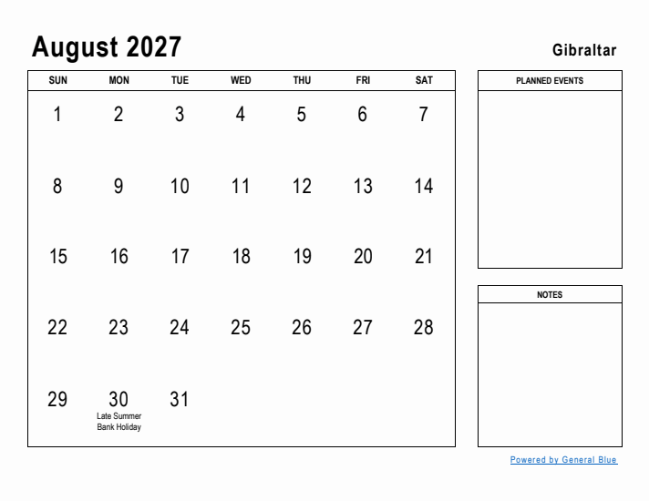 August 2027 Printable Monthly Calendar with Gibraltar Holidays