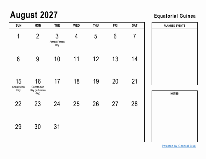 August 2027 Printable Monthly Calendar with Equatorial Guinea Holidays