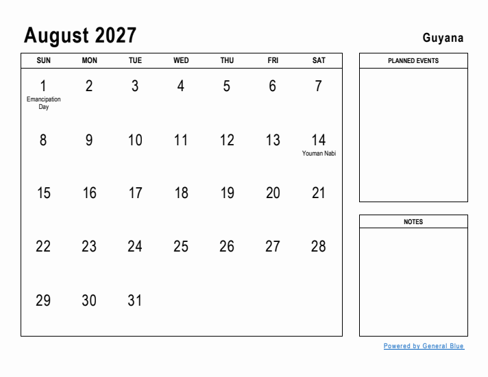 August 2027 Printable Monthly Calendar with Guyana Holidays