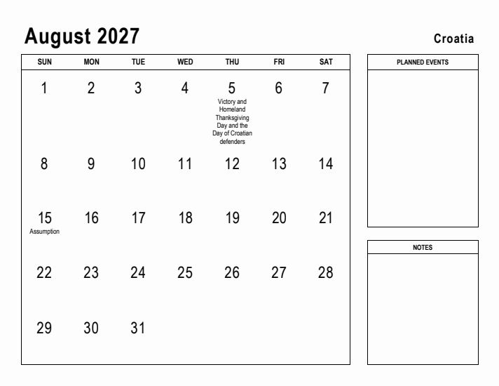 August 2027 Printable Monthly Calendar with Croatia Holidays