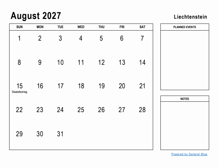 August 2027 Printable Monthly Calendar with Liechtenstein Holidays