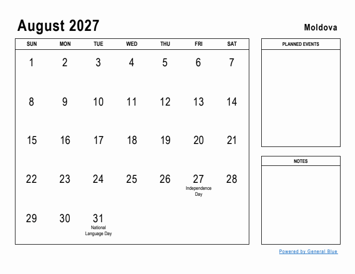 August 2027 Printable Monthly Calendar with Moldova Holidays