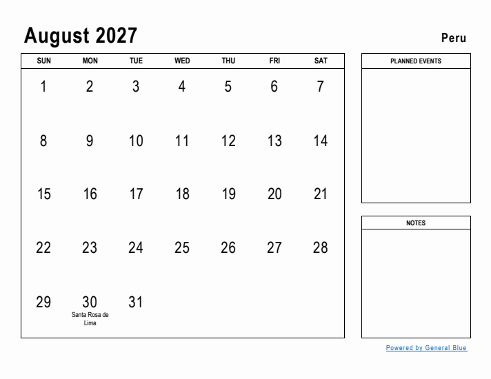 August 2027 Printable Monthly Calendar with Peru Holidays