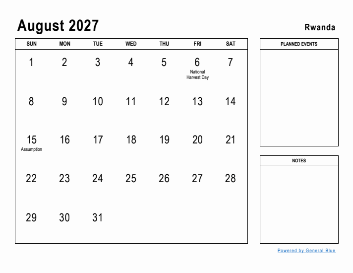 August 2027 Printable Monthly Calendar with Rwanda Holidays