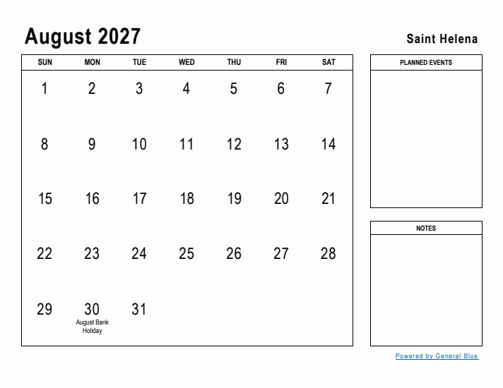 August 2027 Printable Monthly Calendar with Saint Helena Holidays