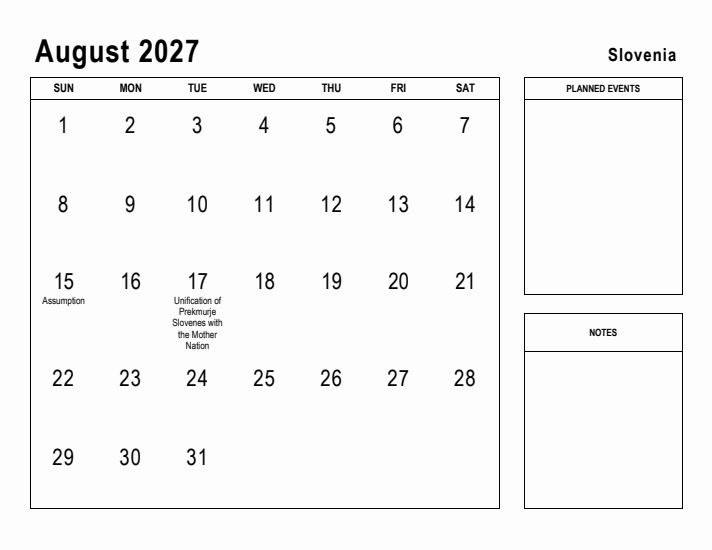 August 2027 Printable Monthly Calendar with Slovenia Holidays