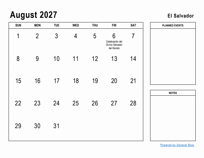 August 2027 Printable Monthly Calendar with El Salvador Holidays