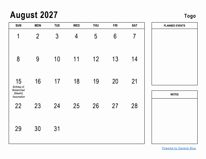 August 2027 Printable Monthly Calendar with Togo Holidays