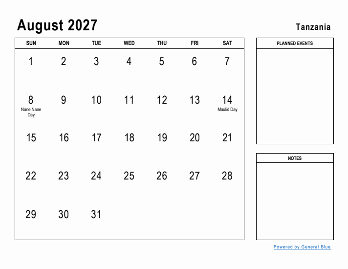 August 2027 Printable Monthly Calendar with Tanzania Holidays