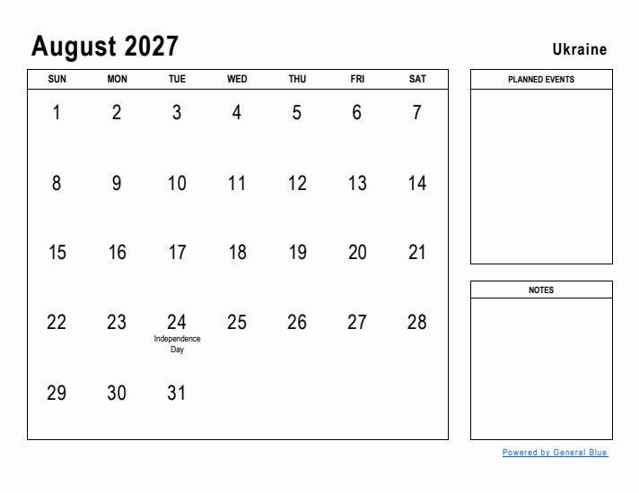 August 2027 Printable Monthly Calendar with Ukraine Holidays