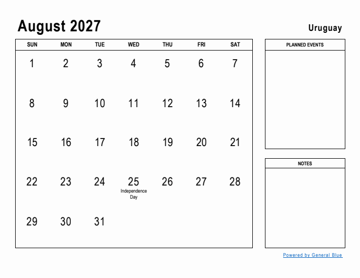 August 2027 Printable Monthly Calendar with Uruguay Holidays