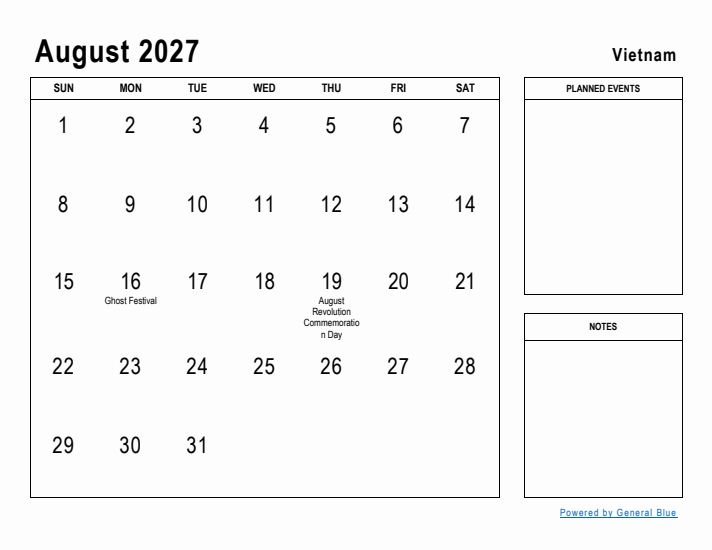 August 2027 Printable Monthly Calendar with Vietnam Holidays