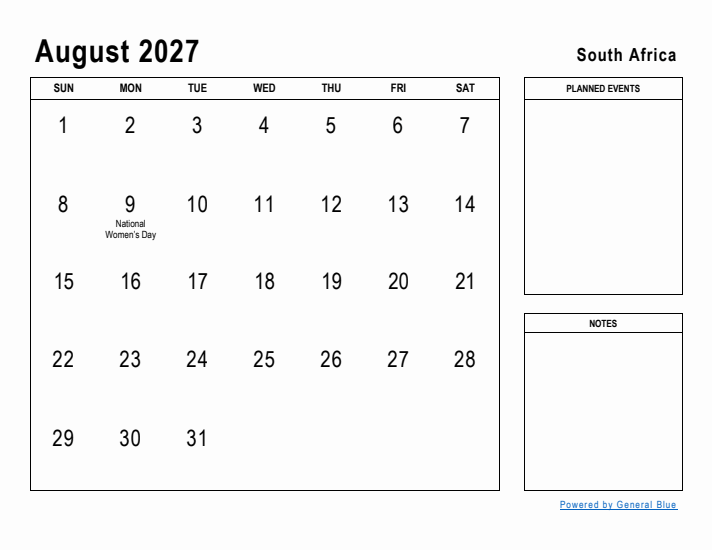 August 2027 Printable Monthly Calendar with South Africa Holidays