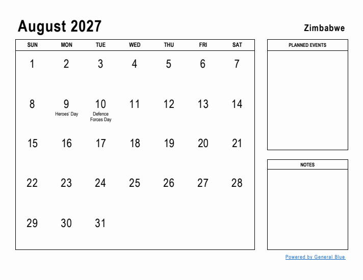 August 2027 Printable Monthly Calendar with Zimbabwe Holidays