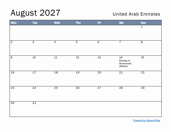 August 2027 Simple Monthly Calendar for United Arab Emirates