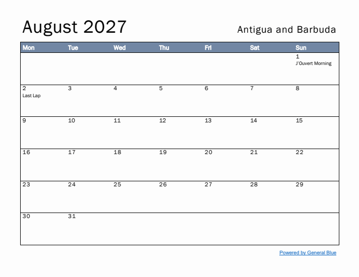 August 2027 Simple Monthly Calendar for Antigua and Barbuda