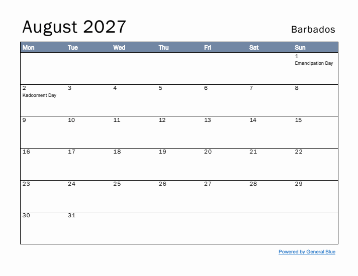 August 2027 Simple Monthly Calendar for Barbados