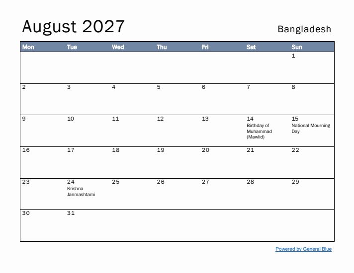 August 2027 Simple Monthly Calendar for Bangladesh