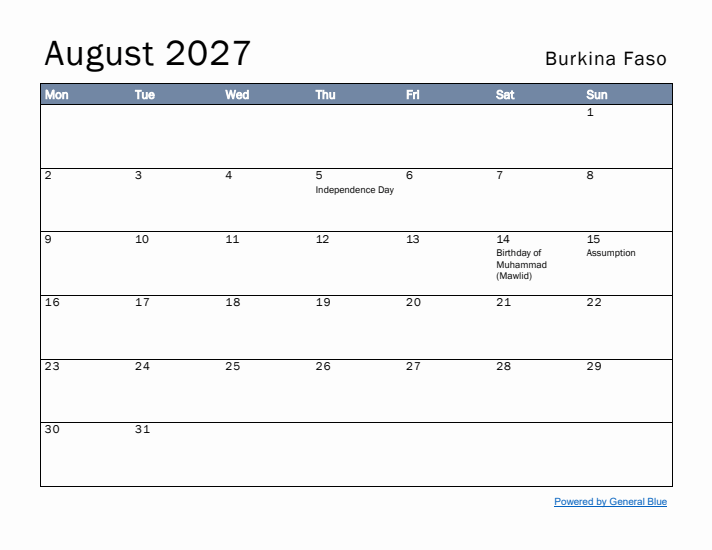 August 2027 Simple Monthly Calendar for Burkina Faso