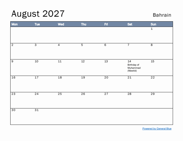 August 2027 Simple Monthly Calendar for Bahrain