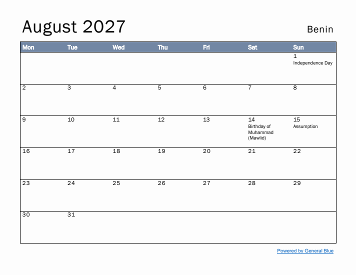 August 2027 Simple Monthly Calendar for Benin