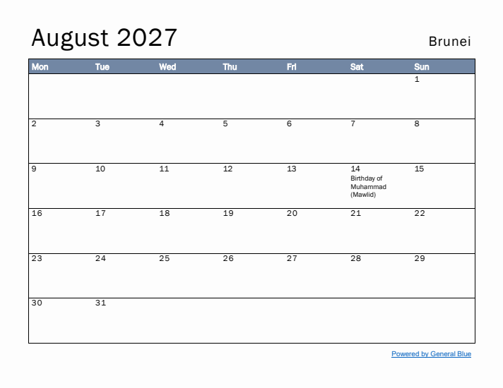 August 2027 Simple Monthly Calendar for Brunei