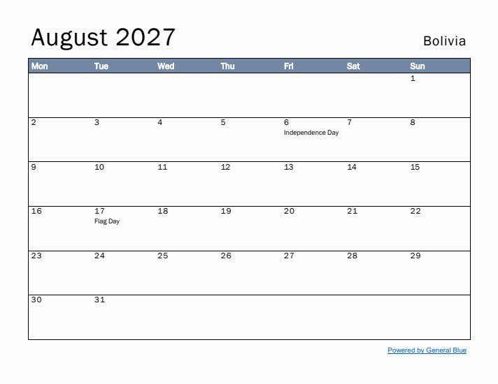 August 2027 Simple Monthly Calendar for Bolivia