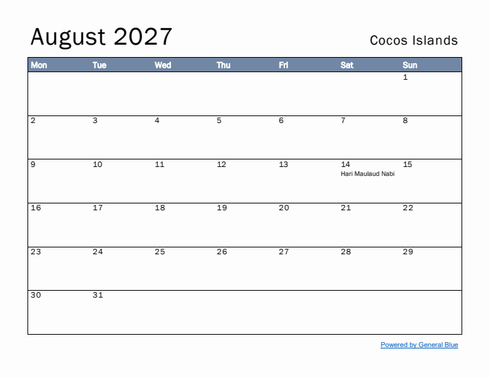 August 2027 Simple Monthly Calendar for Cocos Islands