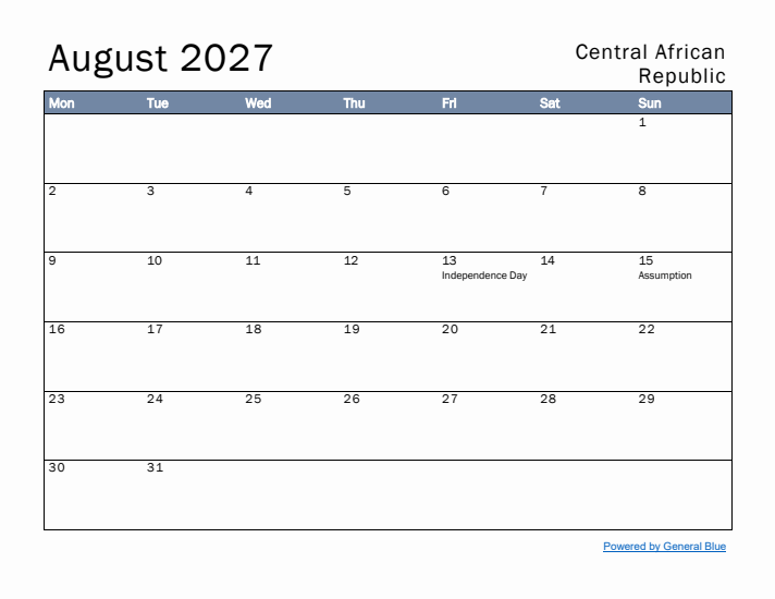 August 2027 Simple Monthly Calendar for Central African Republic