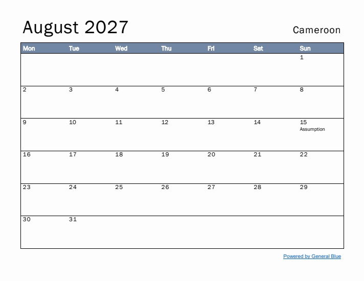 August 2027 Simple Monthly Calendar for Cameroon