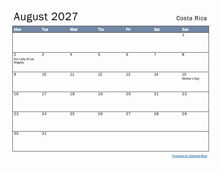 August 2027 Simple Monthly Calendar for Costa Rica