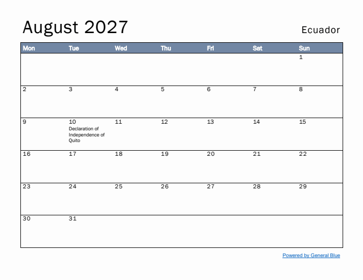 August 2027 Simple Monthly Calendar for Ecuador