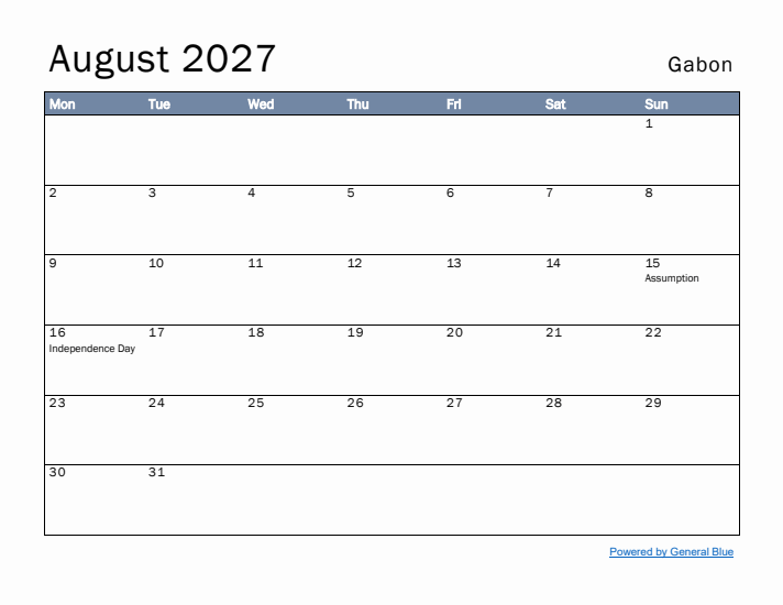 August 2027 Simple Monthly Calendar for Gabon