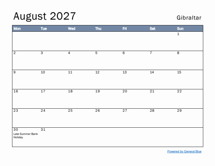 August 2027 Simple Monthly Calendar for Gibraltar