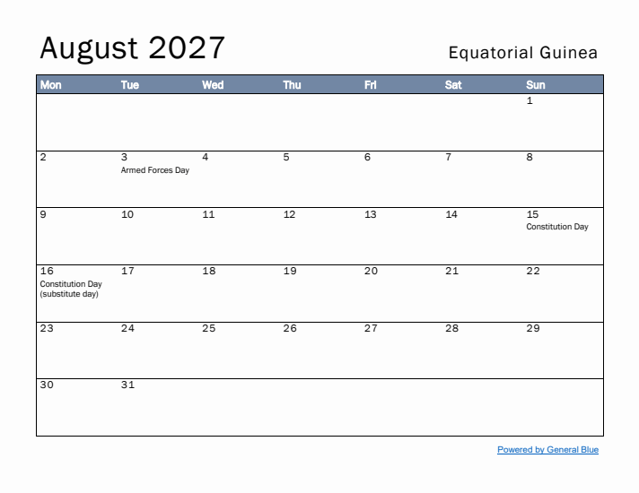 August 2027 Simple Monthly Calendar for Equatorial Guinea