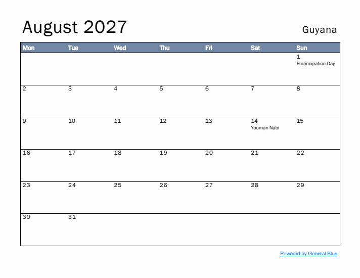 August 2027 Simple Monthly Calendar for Guyana