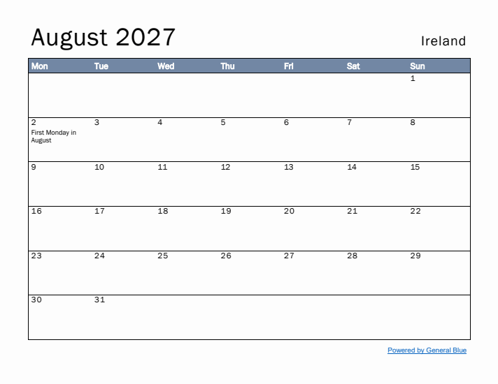 August 2027 Simple Monthly Calendar for Ireland