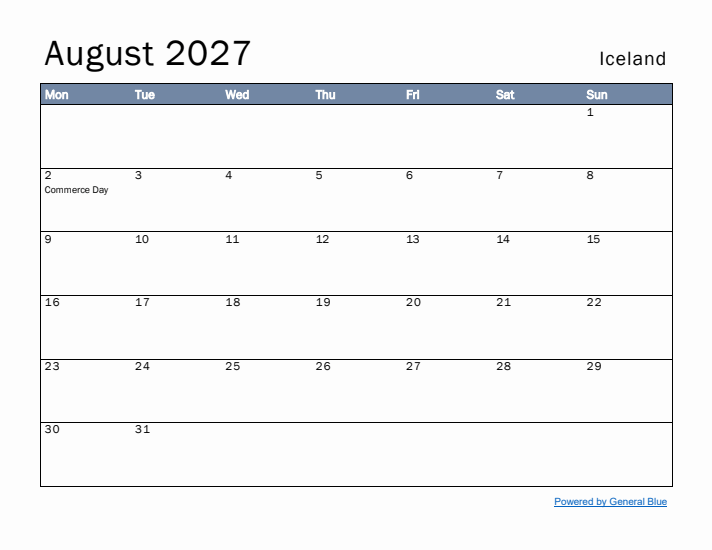 August 2027 Simple Monthly Calendar for Iceland