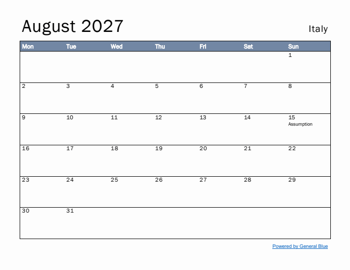 August 2027 Simple Monthly Calendar for Italy