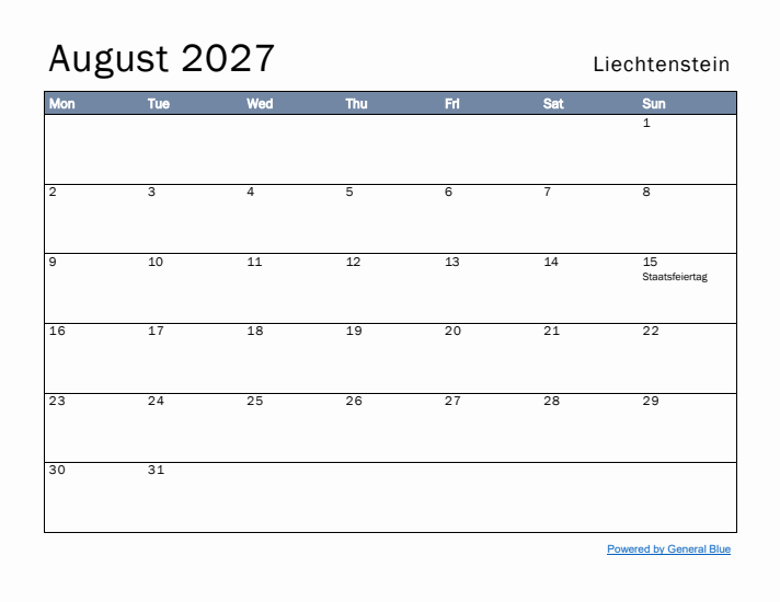 August 2027 Simple Monthly Calendar for Liechtenstein