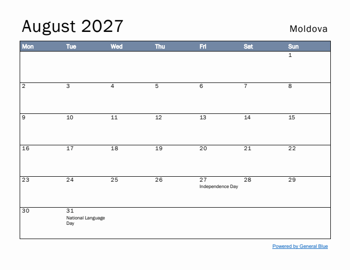 August 2027 Simple Monthly Calendar for Moldova