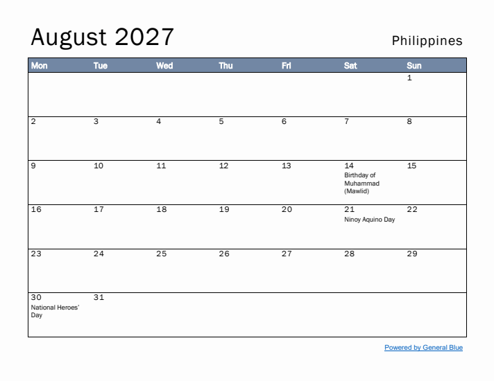 August 2027 Simple Monthly Calendar for Philippines