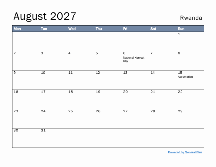 August 2027 Simple Monthly Calendar for Rwanda