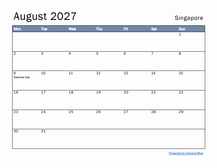 August 2027 Simple Monthly Calendar for Singapore