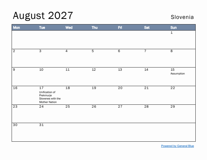 August 2027 Simple Monthly Calendar for Slovenia