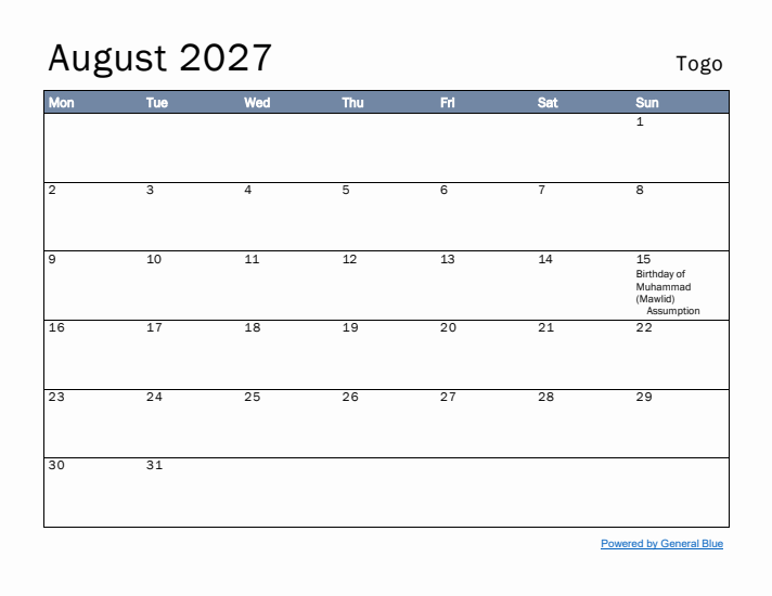 August 2027 Simple Monthly Calendar for Togo