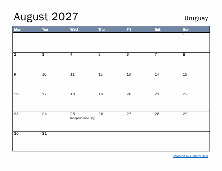 August 2027 Simple Monthly Calendar for Uruguay