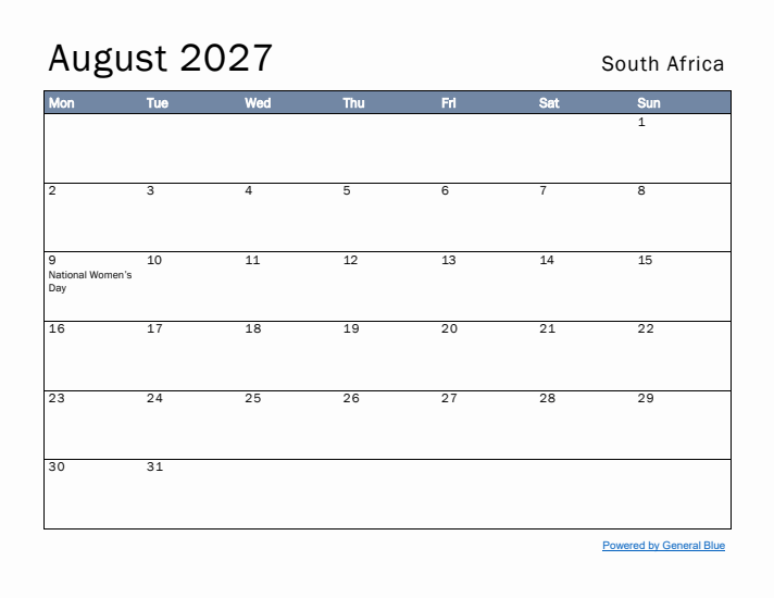 August 2027 Simple Monthly Calendar for South Africa