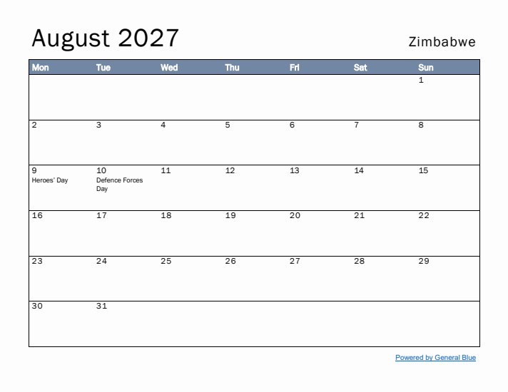 August 2027 Simple Monthly Calendar for Zimbabwe